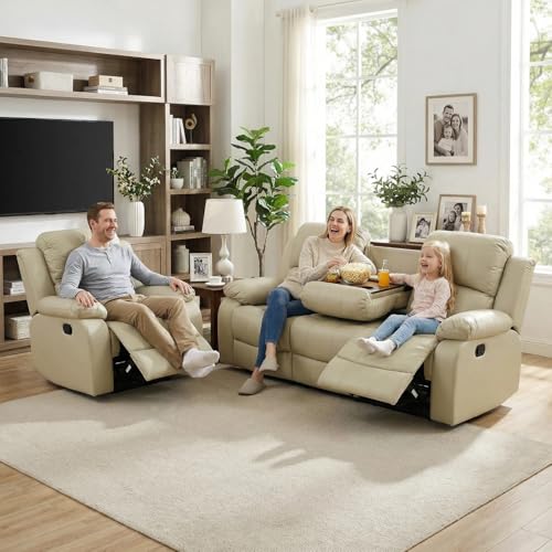 Image of Leather Manual Recliner Sofa Set, Adjustable Backrest Reclining Loveseat Sofa with Convertible Middle Coffee Table, Living Room Furniture Set, Recliner Chair for House, Home Theater, Beige