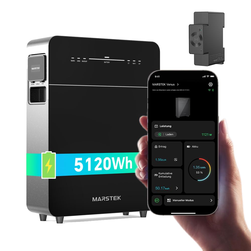 Marstek Venus E 3.0 Balkonkraftwerk mit Speicher: AC Gekoppeltes Energiespeichersystem mit Zähler, 0% MwSt, 5.12kWh LFP, 2,5kW PV-Eingangsleistung/Ausgang, Erweiterung bis zu 15,36kWh, Plug&Play