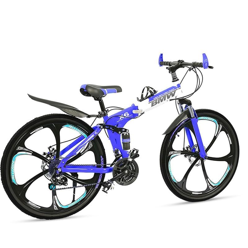 Sunspeed Skyride BMV X6 Blue Foldable Bicycle - 21 Speed Gear, Dual Disc Brake, Carbon Frame Suspension, 26-Inch Wheel Size for Men, Folding bike