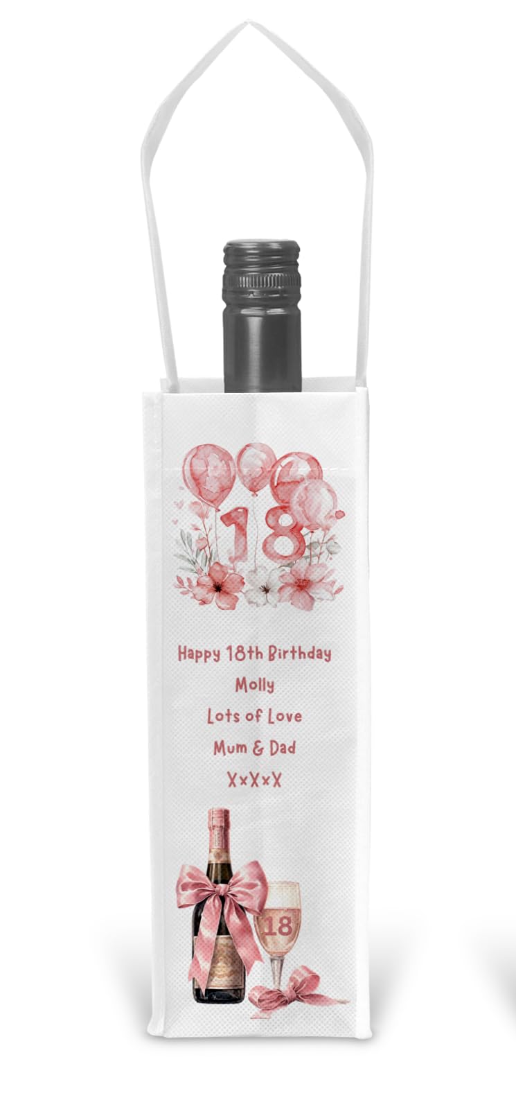 18th Birthday Gift For Her - Personalised 18th Birthday Gift Bag For Bottle of Champagne Wine Spirits with Age 18 Pink Balloons Design