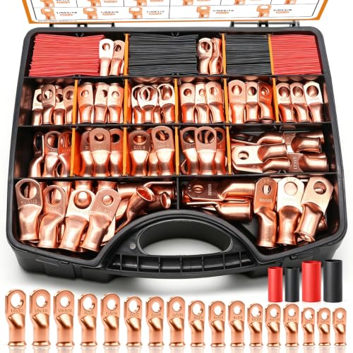 mankk 230PCS Copper Wire Lugs AWG 1 2 4 6 8 1/0 2/0 Gauge Battery Terminal Connectors Battery Cable Ends Connectors Copper Ring Terminal Kit with 3:1 Heat Shrink Tubing