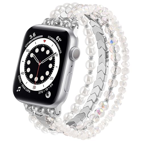 Image of MOFREE Beaded Bracelet Compatible for Apple Watch Band 38mm 40mm 41mm 42mm 44mm 45mm Women,Fashion Handmade Elastic Stretch Strap for iWatch Series SE 8 7 6 5 4 3 2 1