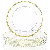 NDSWKR 8 Pack Clear Charger Plates with Beaded Gold Rim, 13 Inch Acrylic Round Plastic Chargers for Dinner Plates, Birthday Party Wedding Events Bridal Shower Decoration
