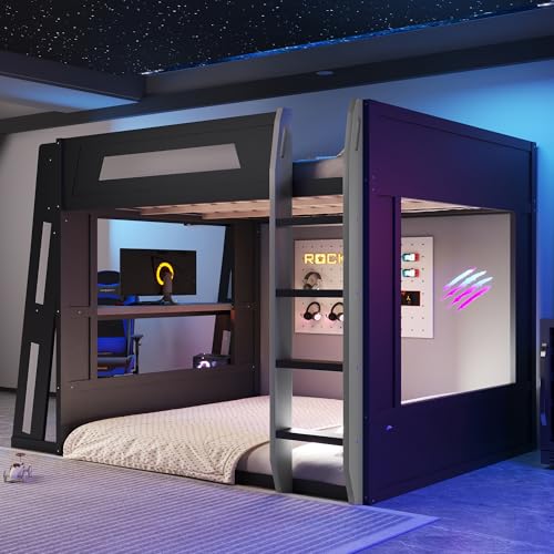 Image of GDFStudio Queen Over Queen Bunk Bed Frame with Desk, USB and LED Light, Solid Wood Gaming Bunk Bed Queen Size with Storage Shelves, High Loft Bed Queen Size with Under Entertainment Space, Black+Grey