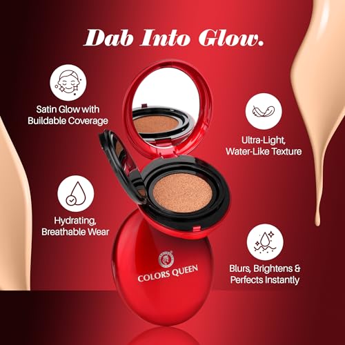 Image of Colors Queen Red Cushion Foundation | Ultra-Light Weight Formula | Satin Glow Finish with Full Coverage | Nourishing & Hydrating | 72 Hours Long Lasting Cushion Foundation for Women | Suitable for All Skin (03 - Almond Glow, 18g)