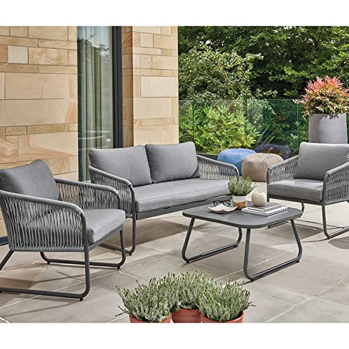 Image of DEVOKO Outdoor Unique Design Rope 4-Piece Bistro Set with Seat Cushions and Pillows Included with Center Table in Square Shape for Garden, Balcony, Pool, Backyard (Grey)