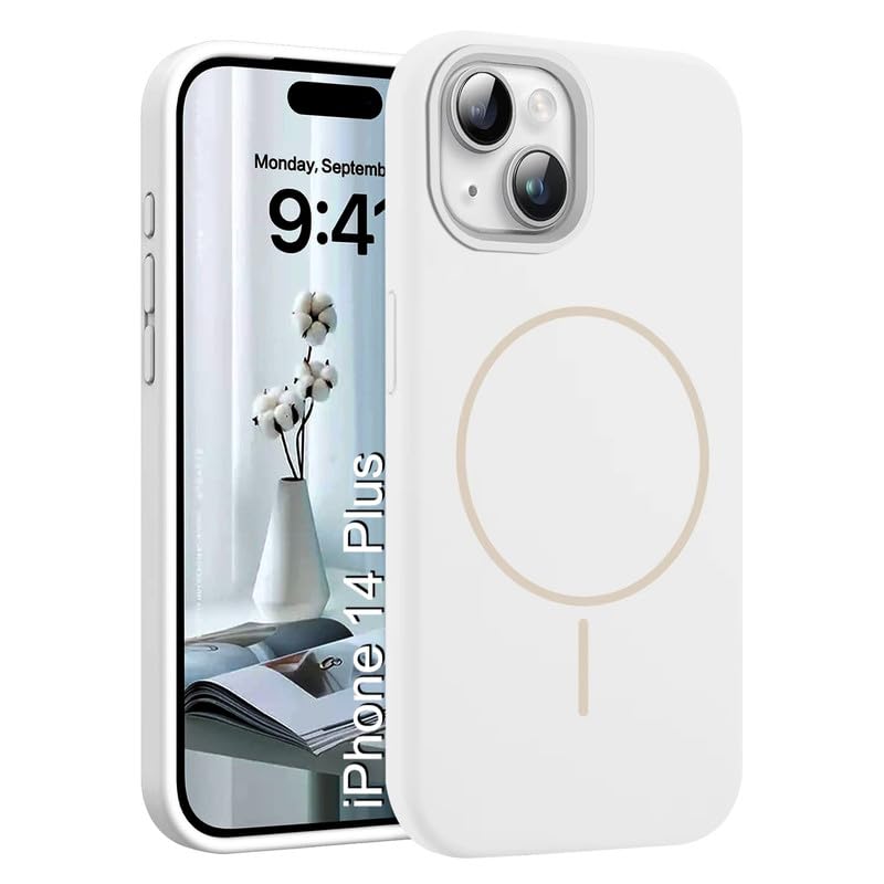 Image of LuxuryKase Silicone Magnetic Case for iPhone 14 Plus | Soft Microfiber Lining | MagSafe Support | Shockproof Protective Cover | Precise Cutouts | Slim Fit Design - White