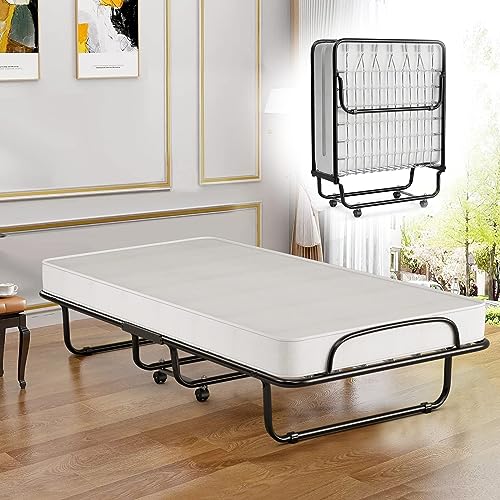 COSTWAY Cama plegable para 1 persona adulta 80 x 190 cm con colchón ortopédico de memoria de 10 cm, carga 120 kg, cama supletoria plegable con 4 ruedas y somier de metal para invitados, color blanco