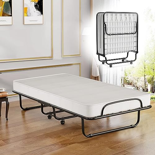 COSTWAY Cama plegable con colchón de espuma de memoria de forma de 10 cm, marco de cama de metal resistente en forma de U, 4 ruedas universales, fácil almacenamiento, para oficina y repuesto