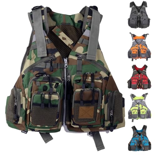 Chaleco Salvavidas de Pesca con Cremallera y Cinturón Ajustable, Chaquetas de Pesca for Deportes Acuáticos(Camouflage)