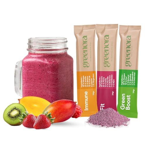 GREENORA Smoothie Végétalien Poudre de Fruits Lyophilisés 100% Naturelle. Déshydratée. Fraise Pomme Gingembre Mangue Betterave Spiruline. Sans Sucre Ajouté 9x24g