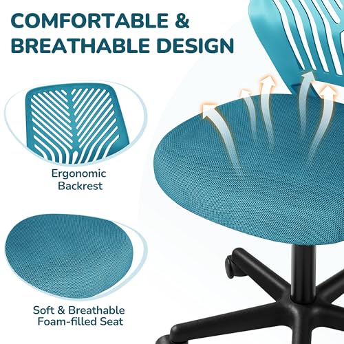 Image of Yaheetech Small Desk Chair, Armless Adjustable Swivel Seat, Turquoise | Padded mesh seat and ventilated resin back, compact armless frame rolls and adjusts for study and small desks, holds 300 lb.