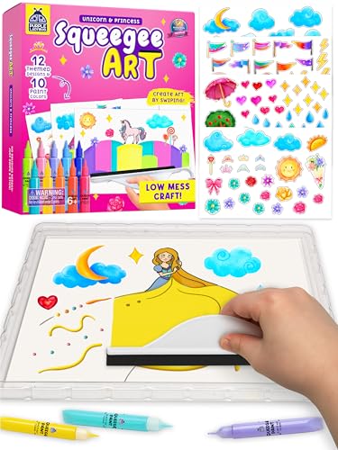 Squeegee Rainbow Squeeze Art Kit for Kids - Princess & Unicorn Painting Kit with Kids Stickers & Mess Free Paints - Girls Birthday Gifts Age 6-7 8 10 Arts and Crafts for Girls - Gift for Girls