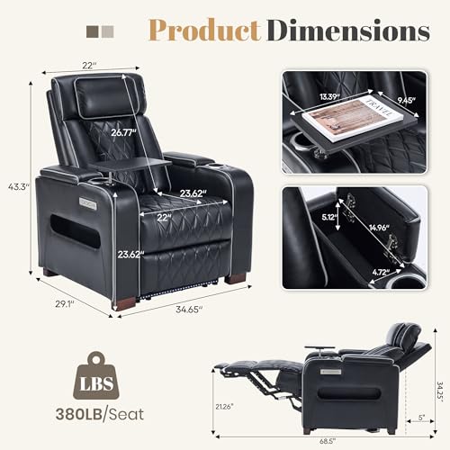 Image of Luxury Home Theater Seating, Dual Motor Power Recliner Chair with Adjustable Headrests, Reclining Movie Theater Seats with Extended Footrest, Tray Table for Living Room (Black)