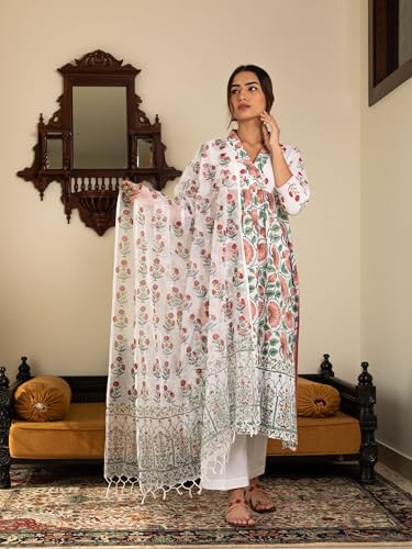 Nainvish Women's Viscose Rayon Printed A-Line V-Neck Kurta Pant With Dupatta (Sd710_Kbd-Xl_White)