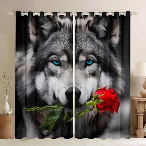 Feelyou Wolf Window Drapes Red Rose Curtains for Bedroom Living Room for Kids Boys Girls Children Safari Wild Animal Window Curtains Wildlife Snow Wolf Window Treatments, 42x63 Inches,2 Panels