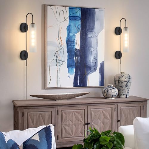 Image of BOKT Black Wall Lights Plug in for Bedroom, Frosted Milky White Glass Wall Sconce Decor, Large Modern Wall Sconces for Living Room