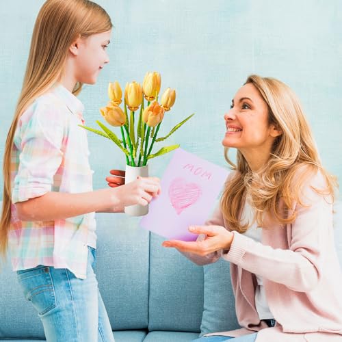 Image of ZONECYTD Flower Bouquet Building Toy Set Tulips Artificial Flowers, Plant Botanical Building Blocks for Adults Home Office Decor Compatible with Lego Orange Color