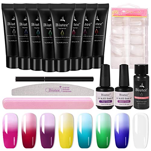 Kit Polygel de Uñas que Cambia de Color con Temperatura 15ml 8 Colores Gel de Uña con Capa Superior y Base, Punta de Uñas, 2 Lima de Uñas, Cepillo de Doble Punta y Espátula, Solución Deslizante