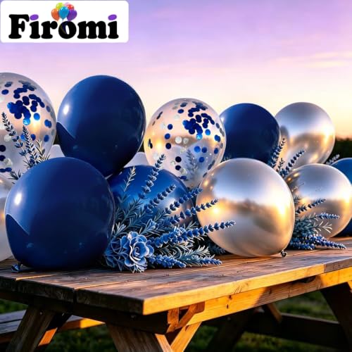 Image of Firomi Metallic Silver Navy Blue Balloons Set 12 inch 70pcs (2 Ribbons) | Dark Blue and Silver Confetti Balloons Set for Wedding Graduation Retirement Birthday Bachelorette Party