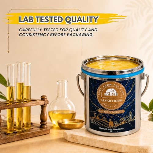 Image of Alvar Fresh A2 Gir Cow Desi Ghee (2LTR) with Stainless Steel Dolchi, Traditional Hand-Churned Pure Cow Ghee,Traditional Bilona Method | Cultured Pure Natural and Healthy Ghee