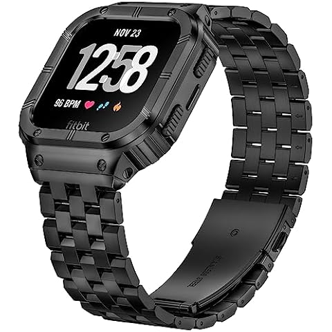 SUPLINK Stainless Steel Case & Band Compatible with Fitbit Versa 4 Bands/Versa 3/Versa/Versa 2 Watch bands Men,Protector Cover Strap for Fitbit Sense/Versa Lite/Fitbit Sense 2 Bands,Black Cover