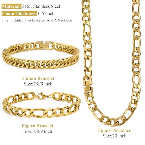 3PCS Figaro Necklace Bracelet Cuban Bracelet, Silver Gold Black Sturdy 316L Stainless Steel Cuban Link Figaro Chain for Men Jewelry Set with Gift Message Card 8mm, 7/8/9 Inches2