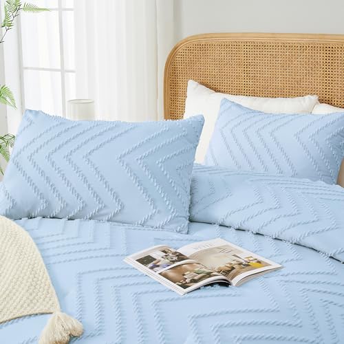 Image of Andency Light Blue Comforter Set Full Size, Boho Soft Warm Tufted Neutral Bedding Comforter Sets for Full Bed, 3 Pieces Aesthetic Chevron Cute Bohemian Textured Bedding Set