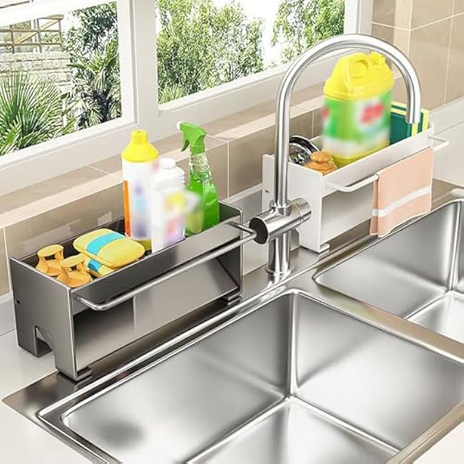 Sponge Holder for Kitchen, Sink Caddy with Auto Draining Tray, Stainless Steel Sponge Caddy Organizer, Soap Dispenser Organizer, Kitchen Utensils Accessories Storage for Countertop (B+wiping rod)