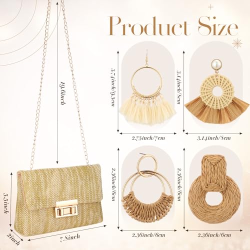 Image of Dansydaisy 5 Pack Striped Straw Clutch Purse Crossbody Vacation Handbag Woven Rattan Dangle Earrings for Women (Beige,Square Buckle)