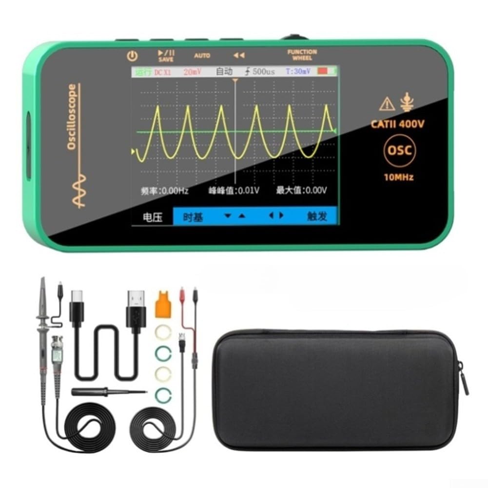 Tragbares digitales Oszilloskop, 10 MHz, 48 MSa/s, Abtastrate 8,1 cm, TFT-Display, 1200 mAh Akku, für Auto-Audio-Elektronik-Diagnose, Grün
