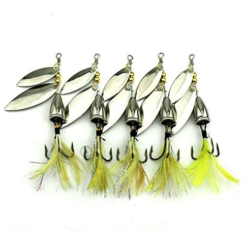 LENPABY 5PCS Bait/Feather Fishing Hooks,Rooster Tail, Fishing Spinner Spoon Lures Rotatable Inline Bass Trout Fishing Tackle Baits 8.1CM-10.5G Spinners,Spinnerbaits,Blade Spinner Baits Cover