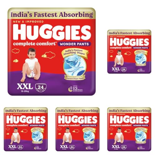 Image of Huggies Complete Comfort Wonder Pants | Pant Style Baby Diapers XXL Size, 24 Count | India's Fastest Absorbing Diaper, Patented Dry Xpert Channel, Ideal for 15 to 25 Kgs (Pack of 5)