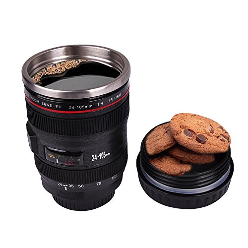 Asier Coffee Mug Camera Lens Travel Thermos Stainless Steel Insulated Cup with Easy Clean Lid 400 ml Black (Pack of 2pcs)