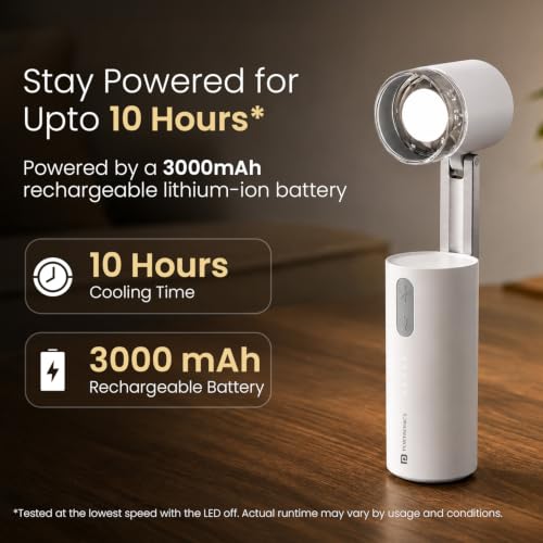 Image of Portronics Airlo Rechargeable Personal Hand Fan with LED Light, 18000 RPM High-Speed Airflow, 3000mAh Battery, BLDC Motor, 5 Speed Levels, Type-C Charging, For Travel, Office, Makeup & Outdoor