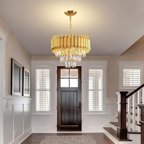 Image of Modern Ceiling Lamp 3-Tier Round Crystal Chandelier for Living Room | Modern Ceiling Light Jhumar for Hall for Home Decoration + 3 Color LED Light (Full Gold, 450MM)