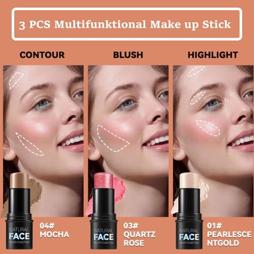 KARLOR Contour Stick Highlighter Blush Stick, 3 Pcs Cream Bronzer Stick Cream Blush Stick Face Highlighter Stick Face Bronze Contour liquid Blush for Cheek Make up Stick waterproof long -lasting - Image 7
