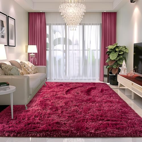 Burgundy Fluffy Rugs 9x12 Living Room - Super Soft Fuzzy Shag Rug Non Slip Large 9 by 12 Area Rug for Bedroom
