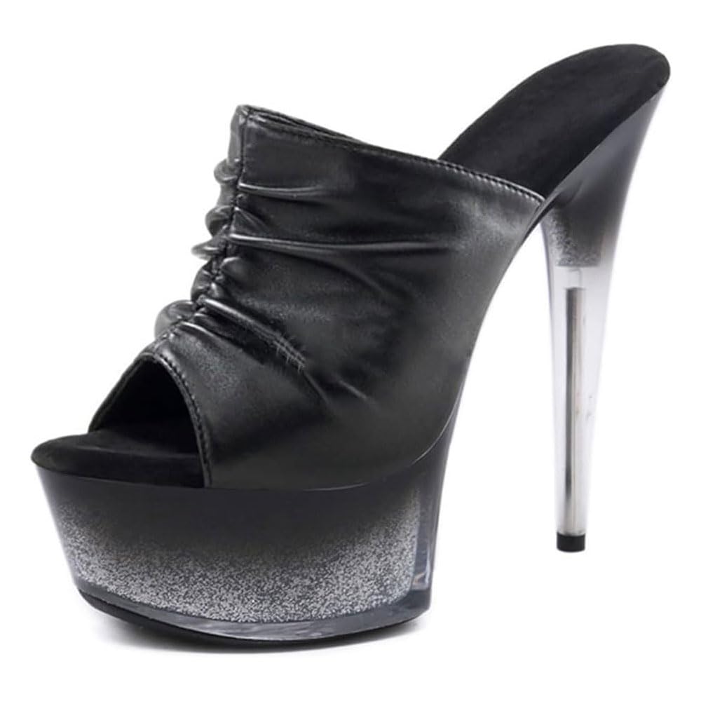 Hyfzxwx Women's Black Pleated High Heels Platform Mules Sandals Sexy Stripper Club Pole Dance Wedding Dress Party Shoes Large Size Sexy/Black/37Eu