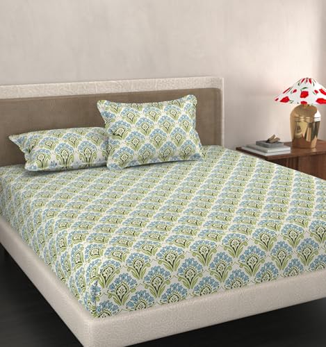 Image of VOMZER Queen Size (60x78) 300 TC Soft Cotton Feel Microfiber All Around Elastic Fitted Queen Bedsheet with 2 Pillow Covers |Aqua Mint
