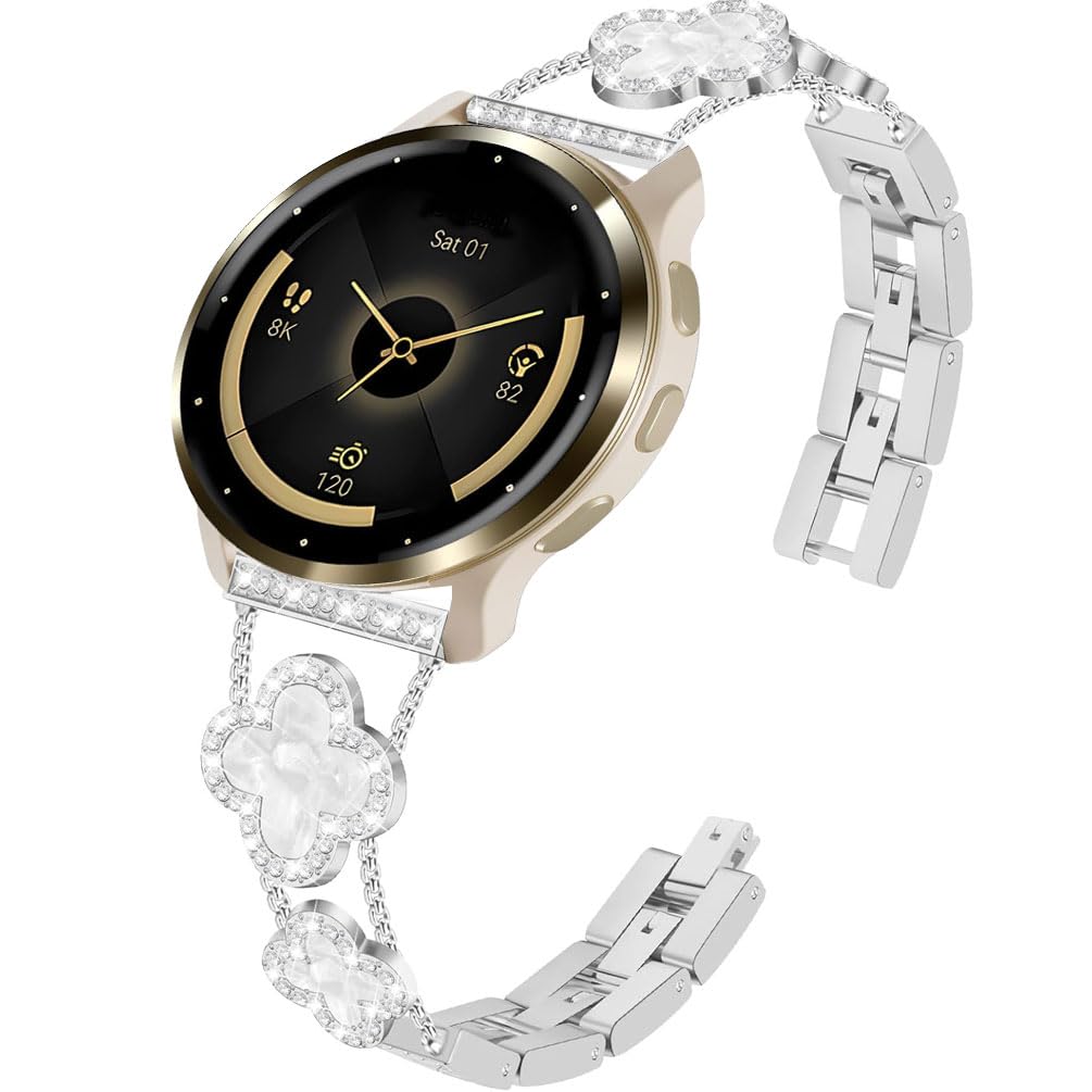 Compatible for Garmin Venu 4 45mm/Venu 3/Venu 2/Vivoactive 4 Bands, Women 22mm Four Leaf Clover Rhinestone Bling Wristband Chain Strap for Forerunner 570-47mm/Forerunner 265/255/935/945