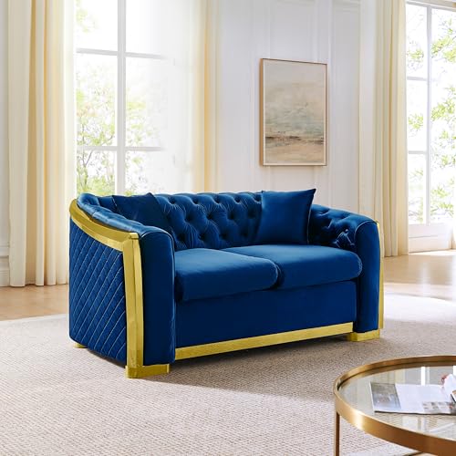 Image of KEIKI 62 inch Luxury Oversized Velvet Chesterfield Sofa with 2 Pillow & Gold Stainless Decoration, Italian Modern Style 2-Seater Button Tufted Couch with Rolled Arms, Easy Assembly, for Living Room, Navy