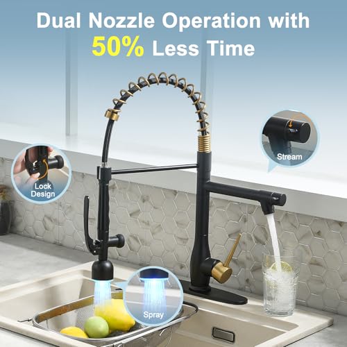 Image of GIMILI Black and Gold Kitchen Faucet with LED Single Handle Kitchen Sink Faucet with Pull Down Sprayer Commercial Double-Headed Stainless Steel Kitchen Faucets Sink with Deck Plate