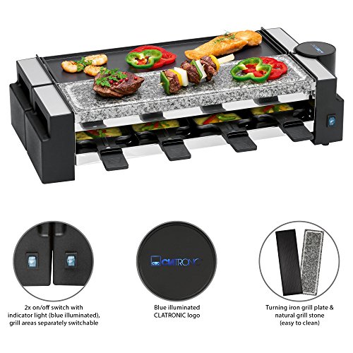 Clatronic RG 3678, 2in1 Raclette-Grill, Naturgrillstein & Wendegussplatte, 180°-Drehgelenk, 8 Pfännchen, auch als 4… – Bild 3