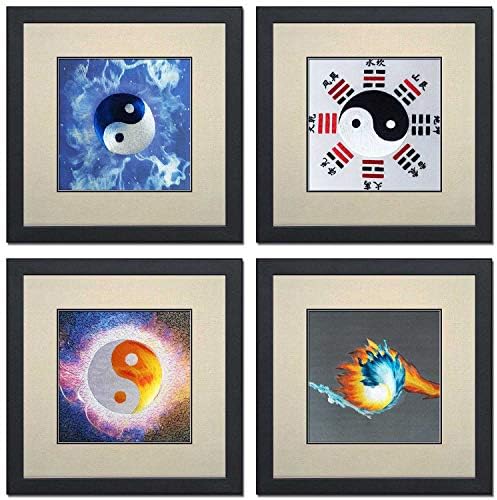 Silk Art 100% Handmade Embroidery Mixed Group Taiji Yin Yang Painting Anniversary Wedding Party Gifts for Bride Wife Girlfriend Oriental Asian Wall Art 21061WF 21062WF 21063WF 21064W
