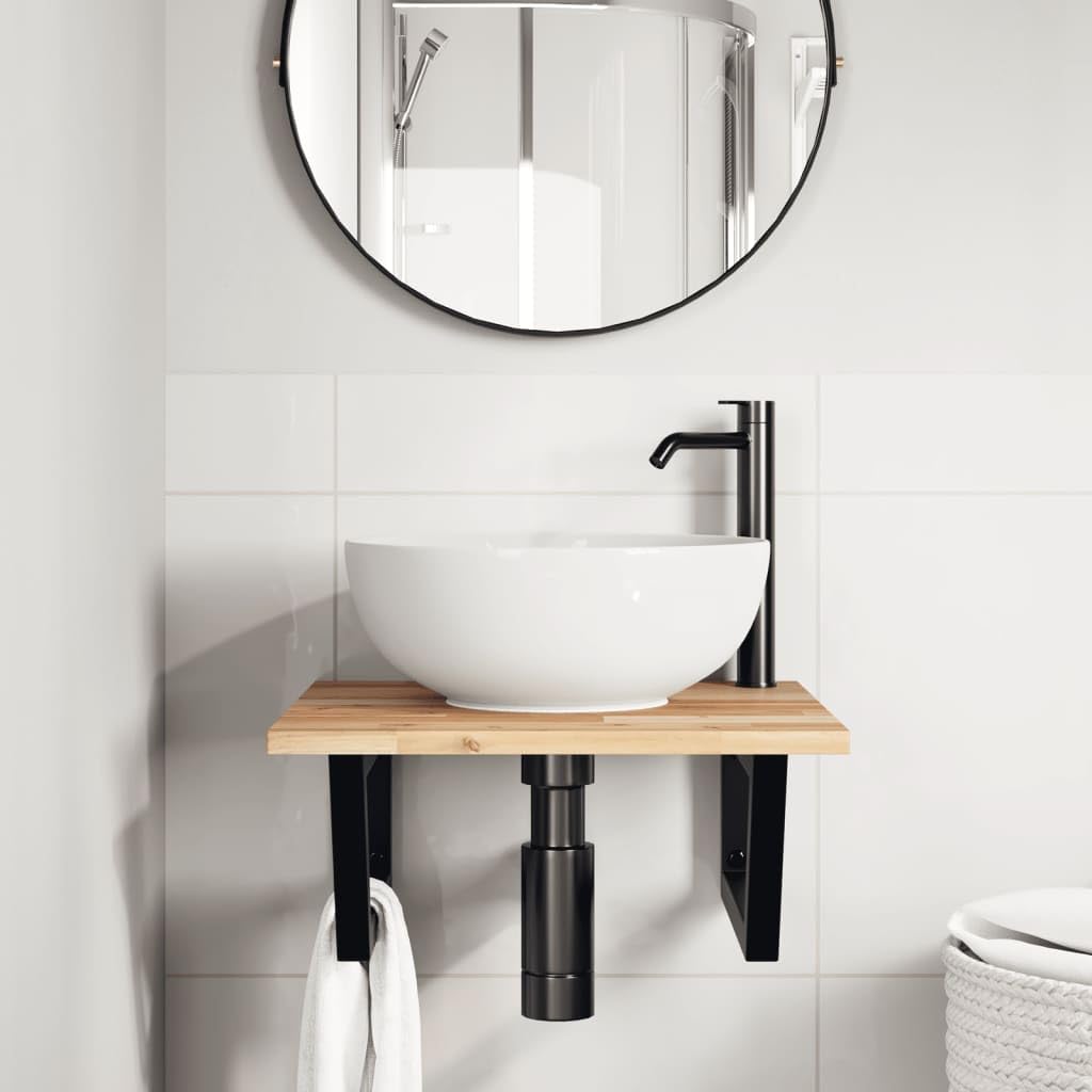 Estantería para lavabo de pared de acero y madera de acacia, 50 x 50 cm, con soporte trapezoidal para muebles de baño, espacio de almacenamiento y estante, soporta hasta 100 kg, diseño moderno