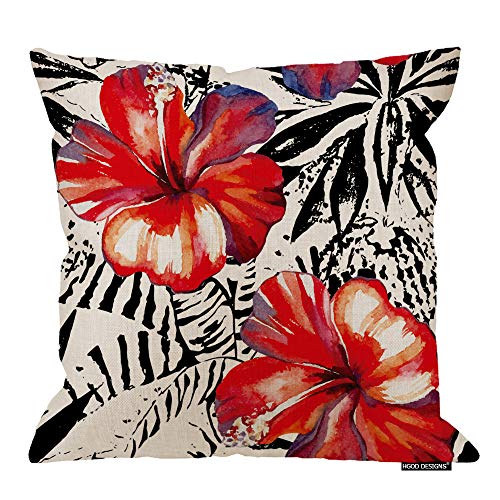 HGOD DESIGNS Tropical Flower Throw Pillow Cushion Cover,Floral Exotic Tropical Red Hibiscus Flower with Black Leaves Cotton Linen Polyester Decorative Home Decor Sofa Couch Desk Bedroom 16x16inch