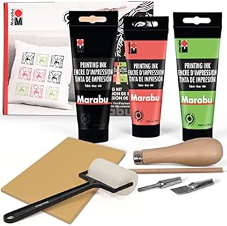 Marabu Block Printing Kit - Linocut Kit with 3 x 100ml Block Printing Ink, Cutter, Rubber Block, and Block Printing Brayer Roller - Linoleum Printmaking Kit, Block Printing Starter Kit - 6pc Set