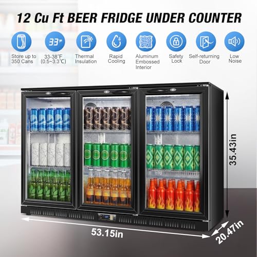 Image of Beverage Refrigerator, 53.15W Inch 12 Cu.Ft Drink Fridge, Back Bar Beer Fridge with 3 Glass Door, 35.43 inch Height Beverage Cooler, Built-in & Undercounter Commercial Back Bar Cooler for Kitchen Shop Bar