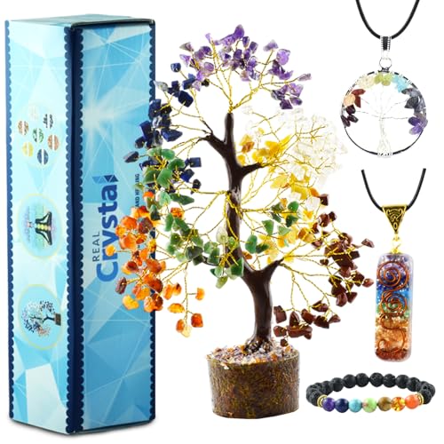 Seven Chakra Healing Crystal Tree Kit with 7 Chakra Bracelet and 2 Pendant Necklace - Gemstones Money Bonsai Tree Decor for Spiritual Good Luck Gift, Birthday Gift for Women, Men, Home, Office